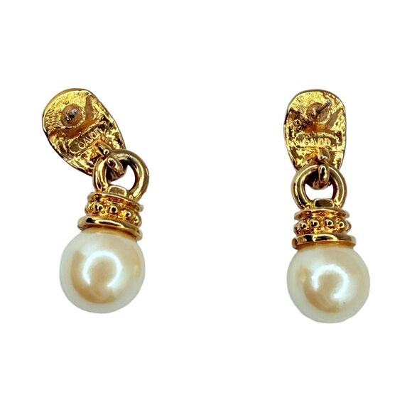 Vintage Gold-Tone White Pearl Door Knocker Dangle Earrings 1" Rhinestones - Picture 9 of 11